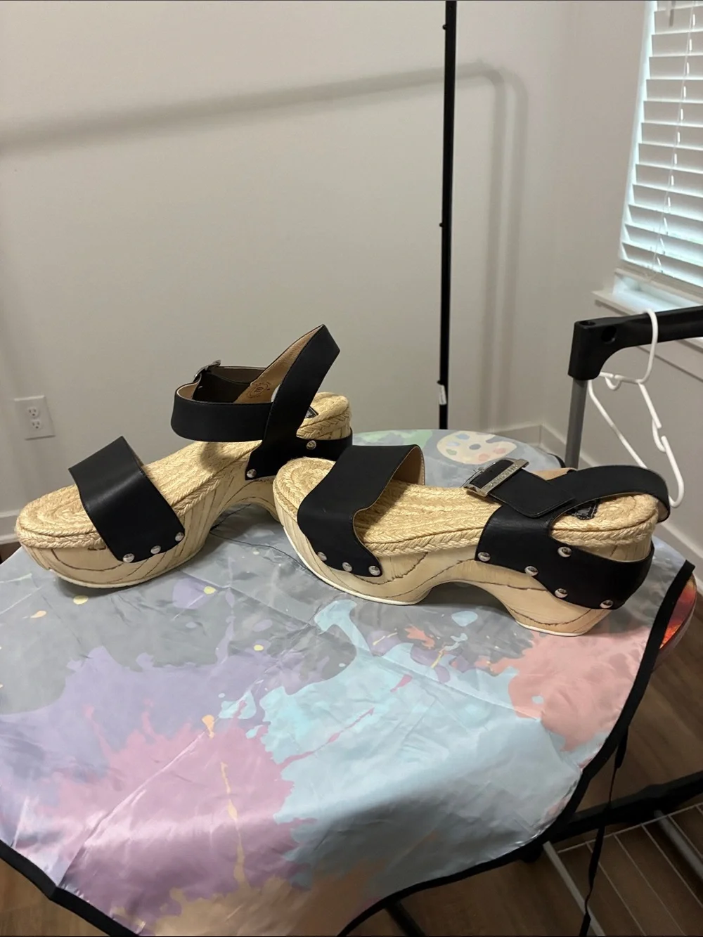 John Fluevog Black Leather Espadrille Wedge Sandals